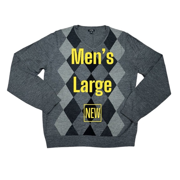 Apt. 9 Large 42 - 44 V-Neck Sweater Argyle Wool Blend Gray Charcoal Diamond NWOT - Picture 2 of 8